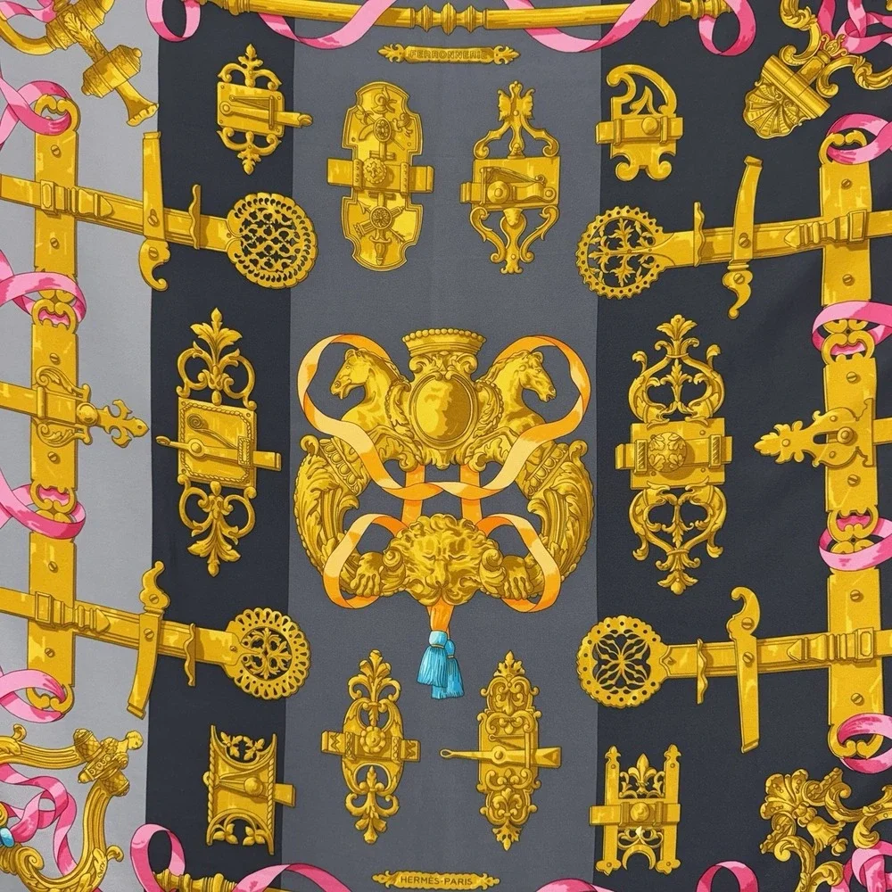 Hermes 100% Silk Scarf Ferronnerie By Caty Black Gray Gold Pink 25 1/2